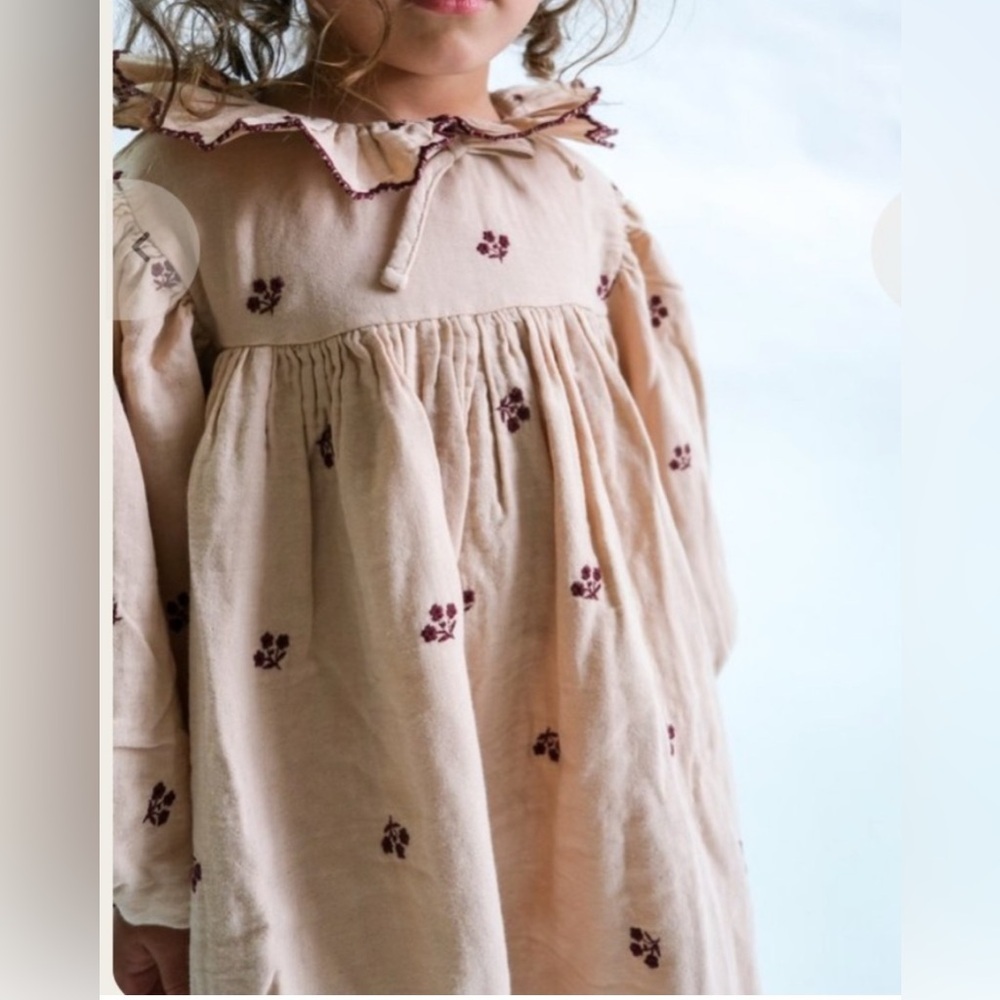 NWT Girls Beige Embroidered Cotton Dress with Ruffled Collar - Picture 2 of 12